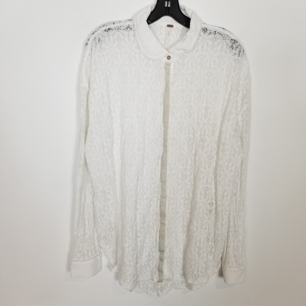 Free People Women Lace Button Up Shirt Sz M White Long Sleeve Blouse Semi Sheer